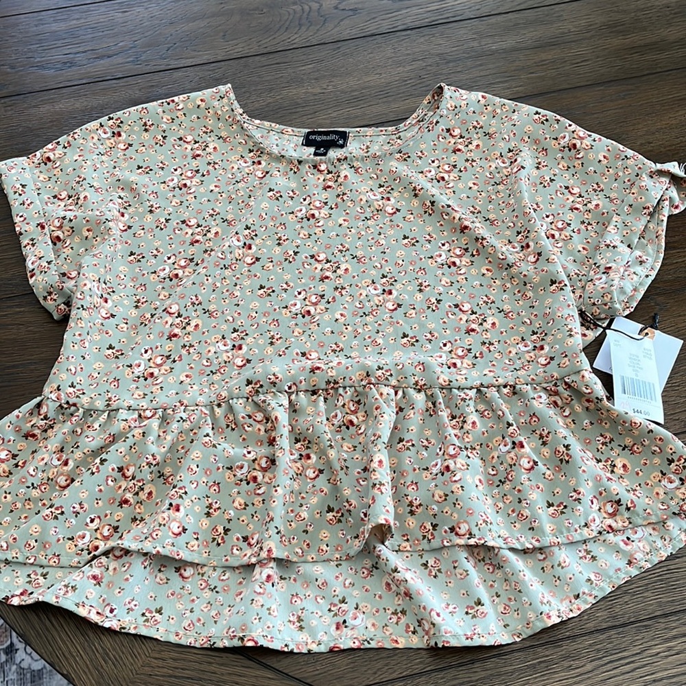 Floral sage green ruffle top